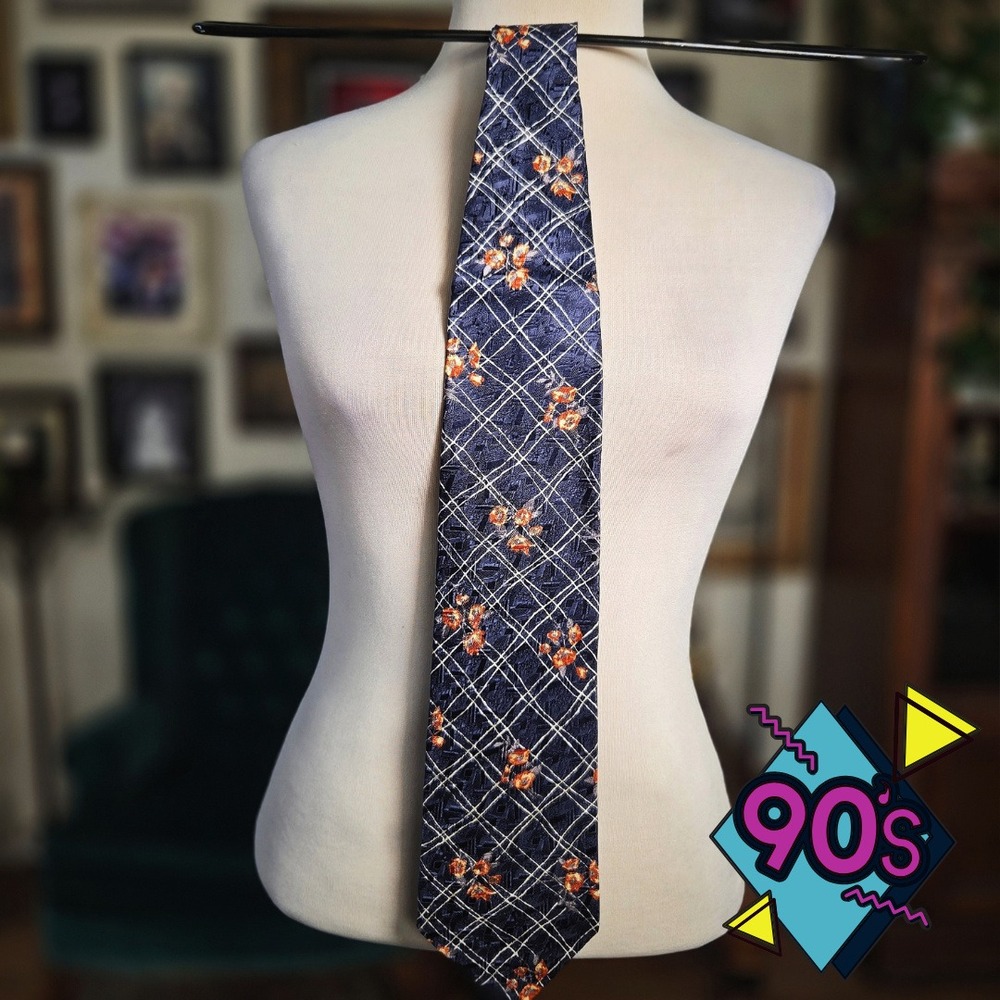 Structure Silk Tie Vintage 90s Navy Blue Floral Geometric Grid Mens Necktie USA